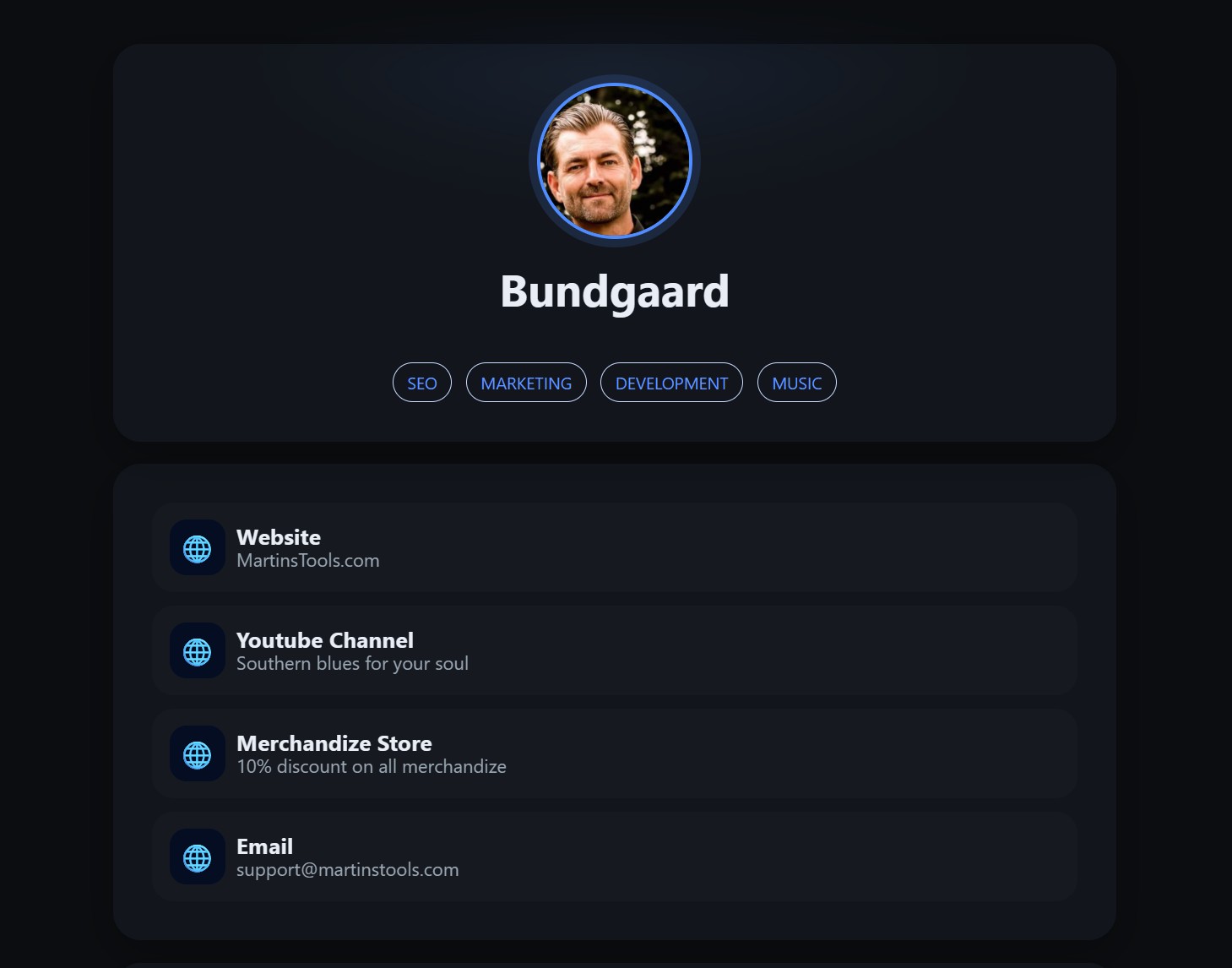 A sleek, professional bio link page